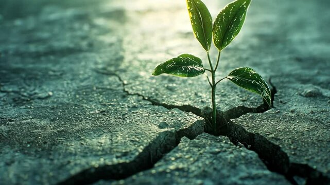 A small plant grows through a crack in the pavement, symbolizing hope and resilience in the face of adversity