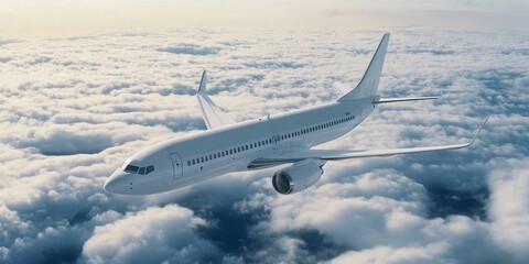 Obraz premium A sleek white airplane soaring high above the clouds with realistic textures and stunning effects