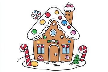 Gingerbread house illustration with candy, ideal for kids' coloring fun