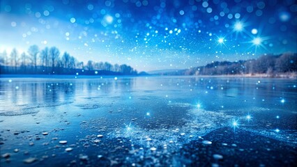 A frozen lake with a soft blue sky and a dusting of glistening snowflakes reflected on the ice