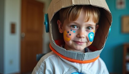 A child wearing a DIY astronaut costume with a cardboard helmet and homemade space suit with face paint featuring stars and a glowing moon.