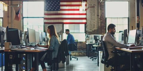 A political party's campaign headquarters with volunteers making calls