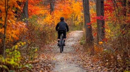 Obraz premium Cyclist Riding Through a Forest Path with Fall Foliage