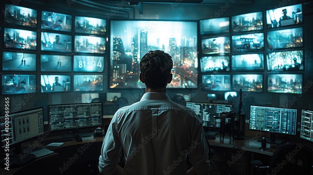 Fototapete A high-tech security control room with multiple screens displaying live footage from different parts of the facility, guards in white shirts is working.