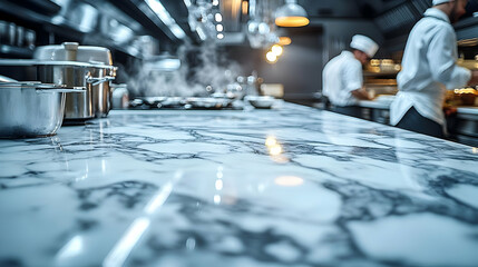 Professional kitchen interior with marble countertop, chefs cooking and preparing elegant dishes for service.