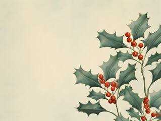 Christmas themed wallpaper frame with green leaves and beige background with copy space 