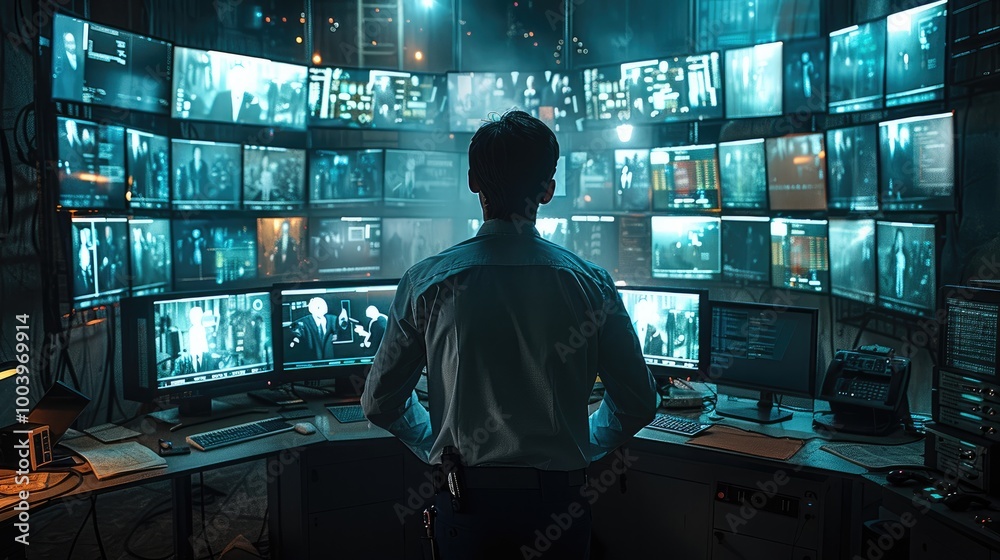 Poster a high-tech security control room with multiple screens displaying live footage from different parts