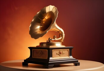 A golden gramophone on a black pedestal against a beige background
