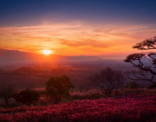 Fototapeta premium Romantic Sunset Amidst Trees and Scenic Landscape at Dusk