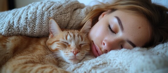 Young woman sleeping peacefully in bed with a ginger cat.