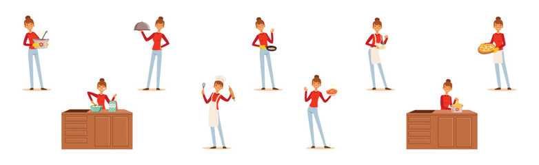 Woman Character Cooking at Home Enjoy Culinary Process Vector Set