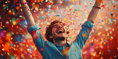 A young man celebrates with confetti raining down on him.