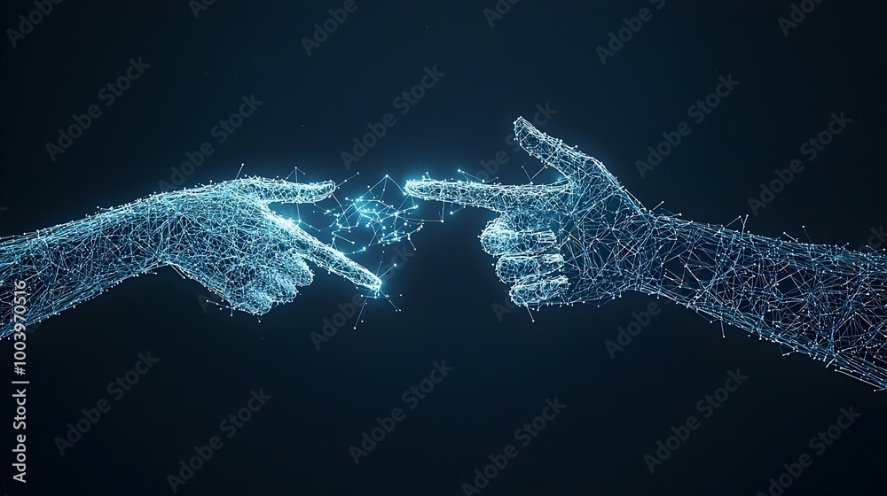Aufkleber Glowing web of interconnected hands in a dark space symbolizing the invisible links and bonds of digital communication and technology  Conceptual representing the concept of online interaction