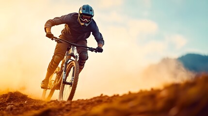 Naklejka premium Mountain Biker Descending a Hill at Sunset. 