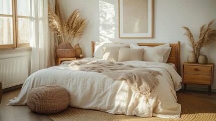 Minimalist Bedroom with Natural Textures and Warm Lighting