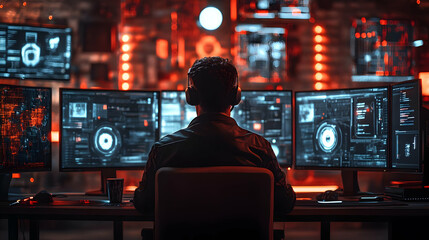 Person working with multiple computer screens in a dark, illuminated room, focused on data analysis and programming tasks.