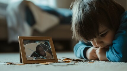 A broken family photo frame lying on the floor with a child staring at it from a distance evoking feelings of loss nostalgia and the fragility of memories