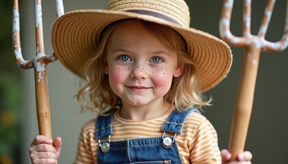 A child dressed as a farmer with a DIY pitchfork overalls and face paint featuring rosy cheeks and freckles.