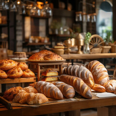Freshly Baked Bread and Pastries Displayed in Bakery