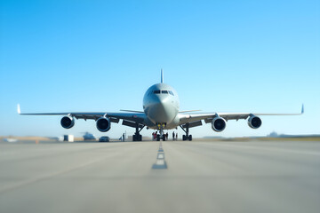 Naklejka premium Cargo aircraft on the runway Aviation industry and planes Air transport and aerial journeys Worldwide logistics Flying in the air Creative photography Business-centered perspective