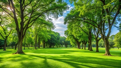 Naklejka premium A serene park with a lush green lawn surrounded by tall trees, casting long shadows on the grass, under a bright blue sky with fluffy white clouds