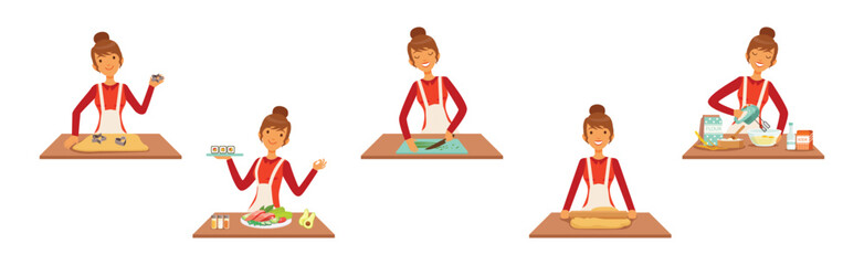Woman Character Cooking at Home Enjoy Culinary Process Vector Set
