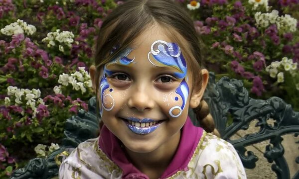 Petite fille blonde avec un maquillage de princesse blanc et bleu, portant une robe de d&eacute;guisement, assise dans un parc fleuri