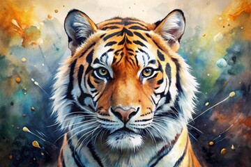 Naklejka premium Regal Tiger Watercolor Portrait in Mesmerizing Style