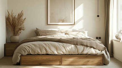 Minimalist Bedroom with Wooden Bed, Natural Light, and Beige Decor