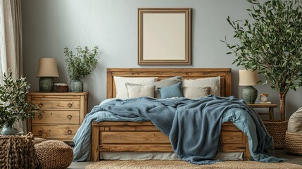 Wooden Bedroom Interior with Blue Blanket and Plants