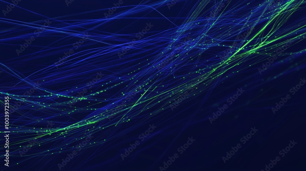 Poster abstract blue and green particles flowing and creating a dynamic lines structure. perfect as a techn