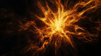 Fiery explosion with tendrils of flame against a black background, evoking power and danger. Vibrant orange and yellow hues create a cosmic inferno. Perfect for wallpaper or sci-fi settings