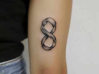 A stylish infinity tattoo design on a person's forearm, showcasing intricate details and elegant form.