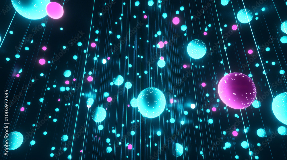 Poster abstract background with glowing spheres falling down along strings of light, creating a beautiful d