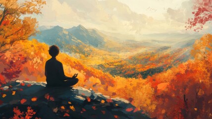 Solitary Figure Meditating on a Mountaintop with Fall Foliage