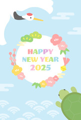 2025年の年賀状素材、鶴と亀とかわいい松竹梅のフレームのベクターイラスト02