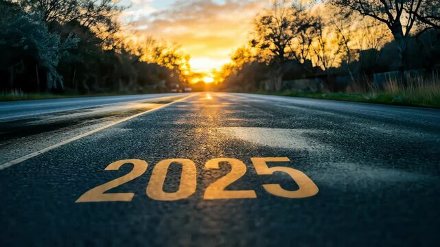 way to success, 2025 on the road in the middle of asphalt long road at sunset with beautiful natural