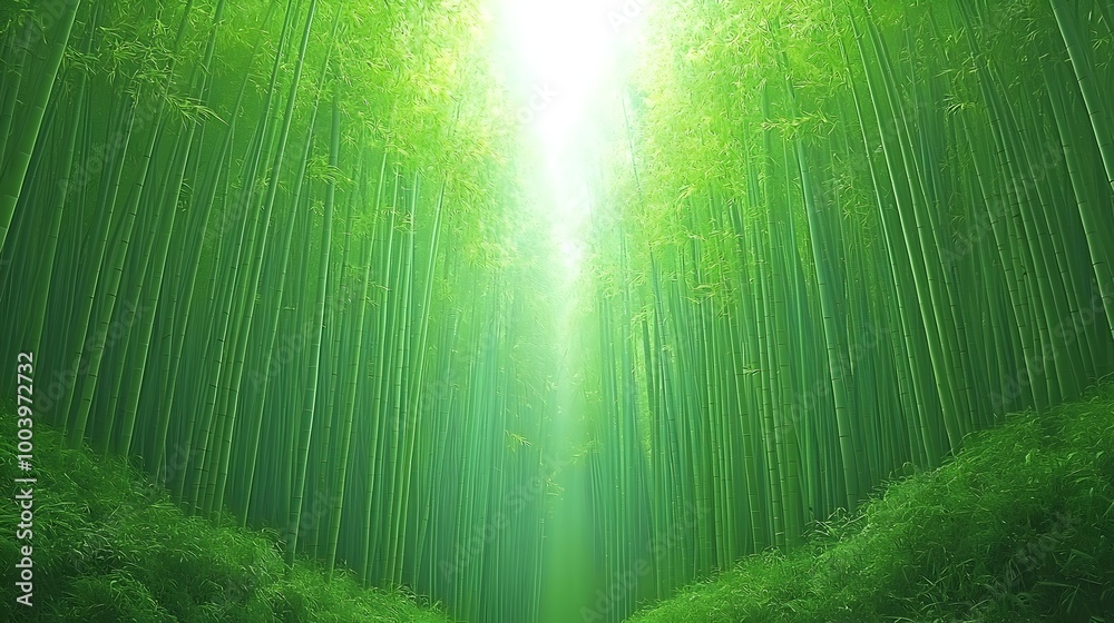 Poster a dense lush bamboo forest with tall slender stalks and sunlight streaming through the verdant canop