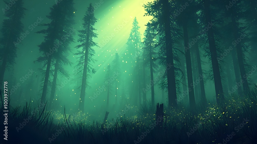 Poster a dense misty pine forest with tall trees reaching up towards the heavens where the ethereal sunligh
