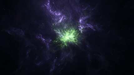 Fototapeta premium Green and purple nebula is releasing a powerful burst of energy from its center. The vibrant colors of the nebula contrast with the darkness of space