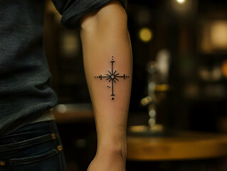A detailed black compass tattoo on an arm, showcasing intricate design against a blurred background.