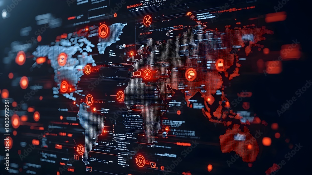 Aufkleber A digital world map made entirely of binary code with glowing nodes representing the interconnected social media interactions across the globe