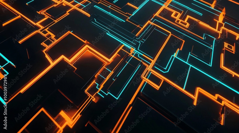 Poster abstract 3d rendering of a futuristic circuit board with glowing orange and blue lights, creating a 