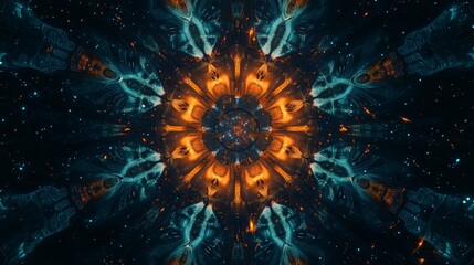 Obraz premium Abstract symmetrical image creating a kaleidoscopic effect with orange and teal colors over a dark background. The design is reminiscent of a galaxy with stars