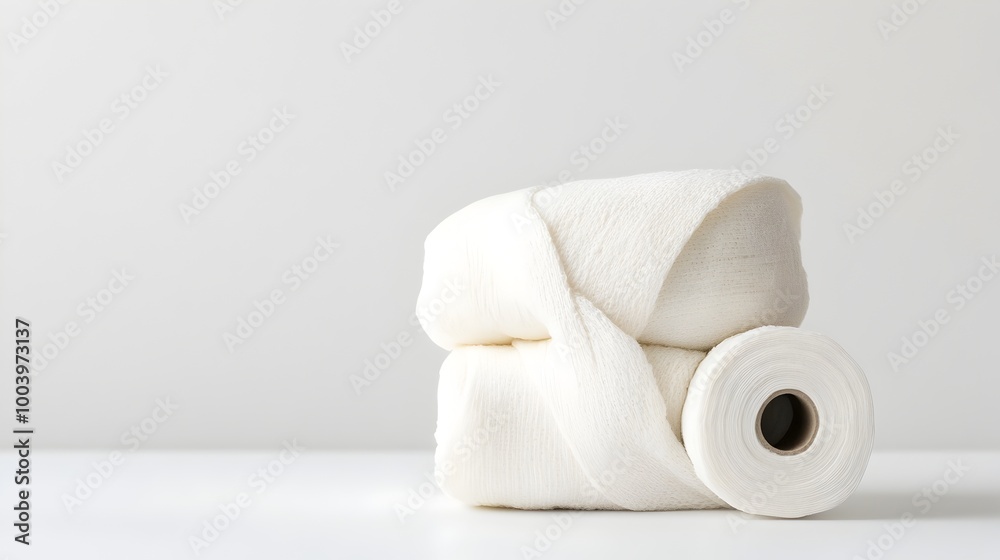 Aufkleber a folded mummy wrap and roll of bandages creating a subtle contrast and elegant composition on a sta