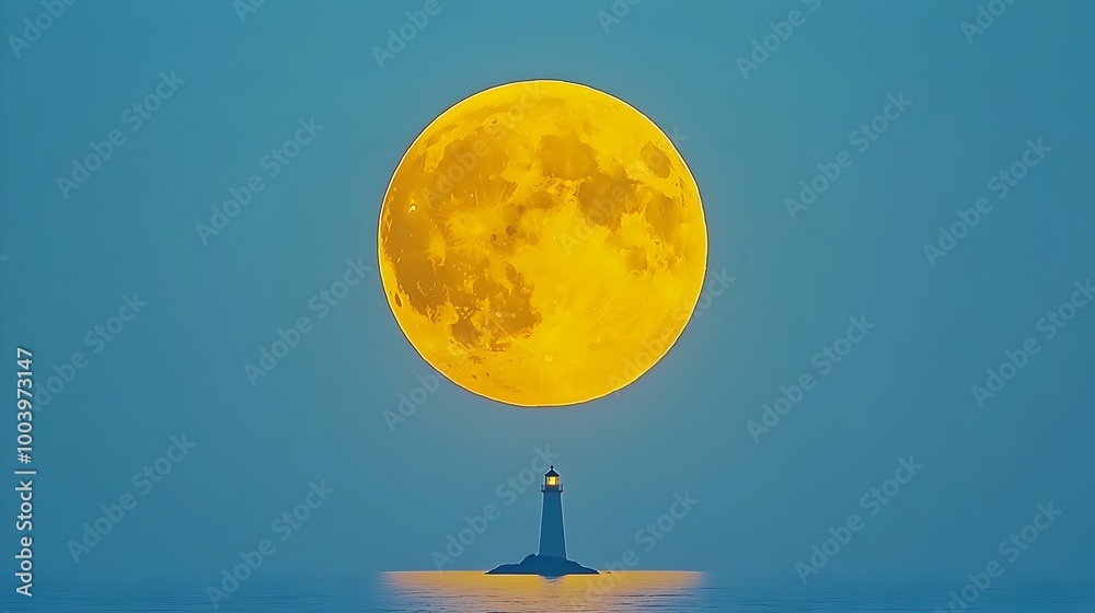 Poster a full moon rising over a calm serene ocean with a picturesque lighthouse standing tall in the dista