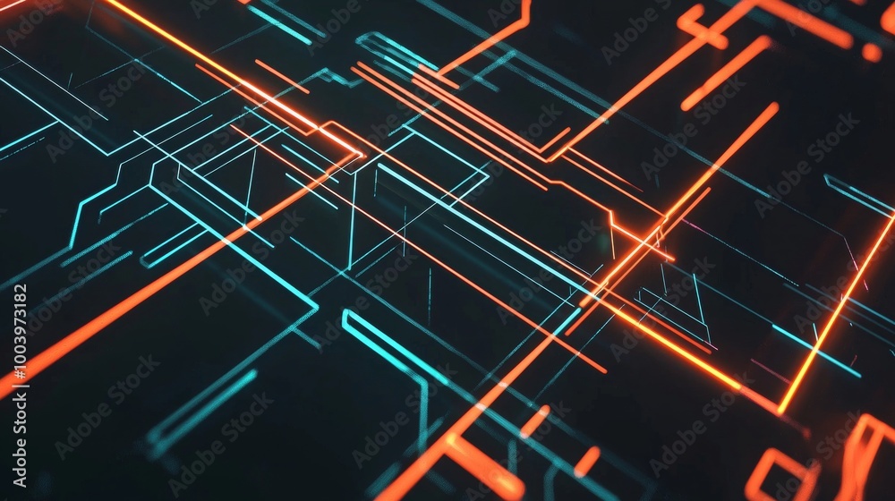 Poster orange and teal glowing lines are creating a technological pattern on a dark background. perfect for