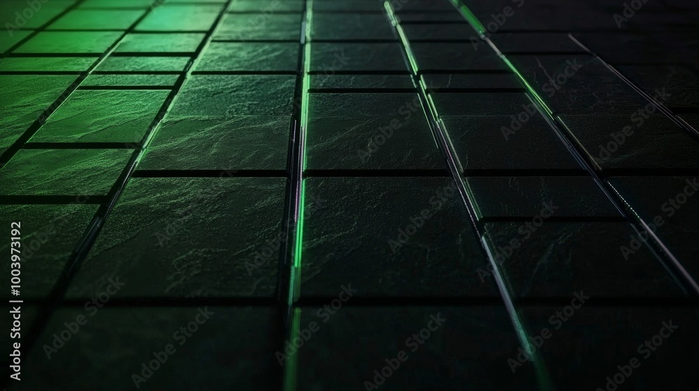 Poster captivating green light glows on dark square tiles, creating a mysterious and futuristic atmosphere 