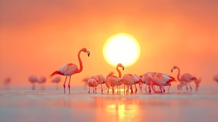 Obraz premium A flock of magnificent pink flamingos standing in the shallow waters of a tranquil lake or wetland silhouetted against the vibrant and colorful hues of a breathtaking sunset landscape