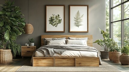 Modern Bedroom with Wooden Bed and Greenery Decor